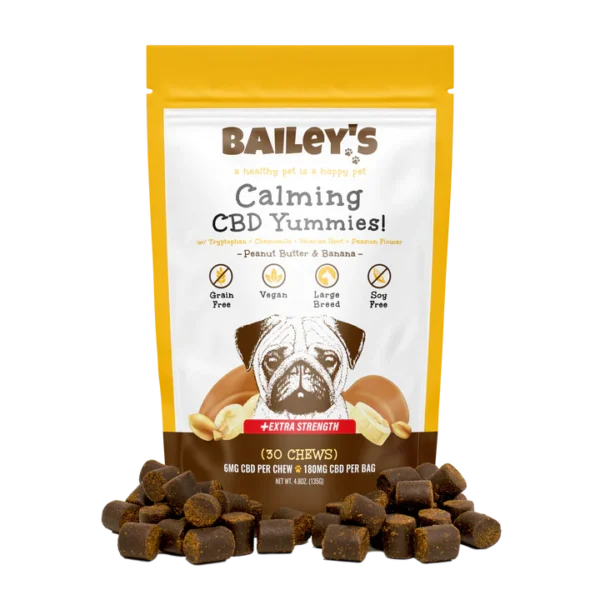 Bailey's Calming CBD Yummies Extra Strength 180mg per Bag (30 Treats) - PB & Banana